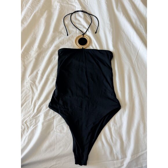 Zara Tops - Zara Black Bodysuit Gold Medallion Necklace Halter Backless Gently Worn Sz S